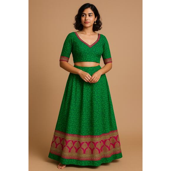 Stunning 2 Piece Green, Pink & Gold Skirt Set - Picture 1 of 5